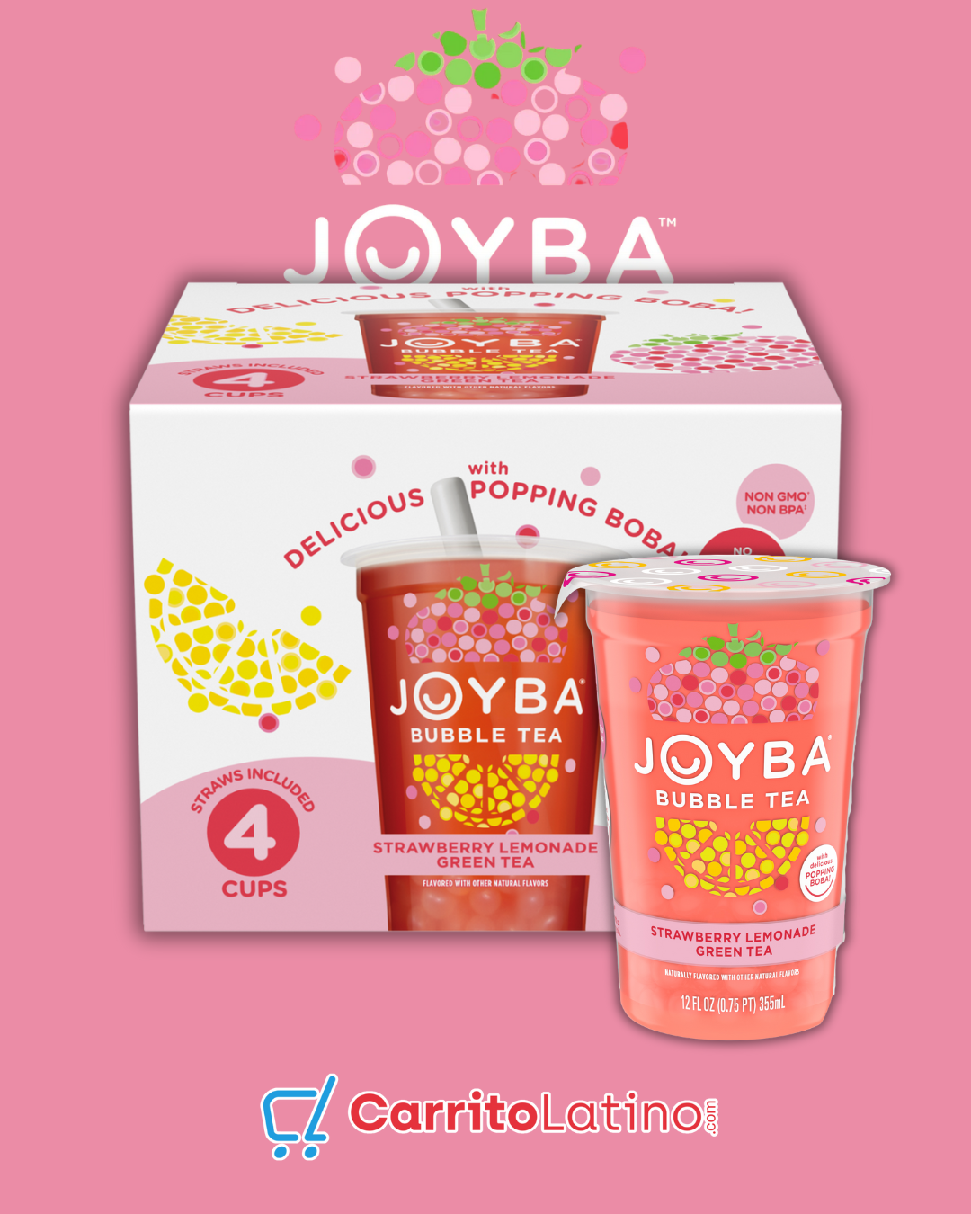 Joyba Strawberry Lemonade Green Tea with Boba (4 pk) 48 oz