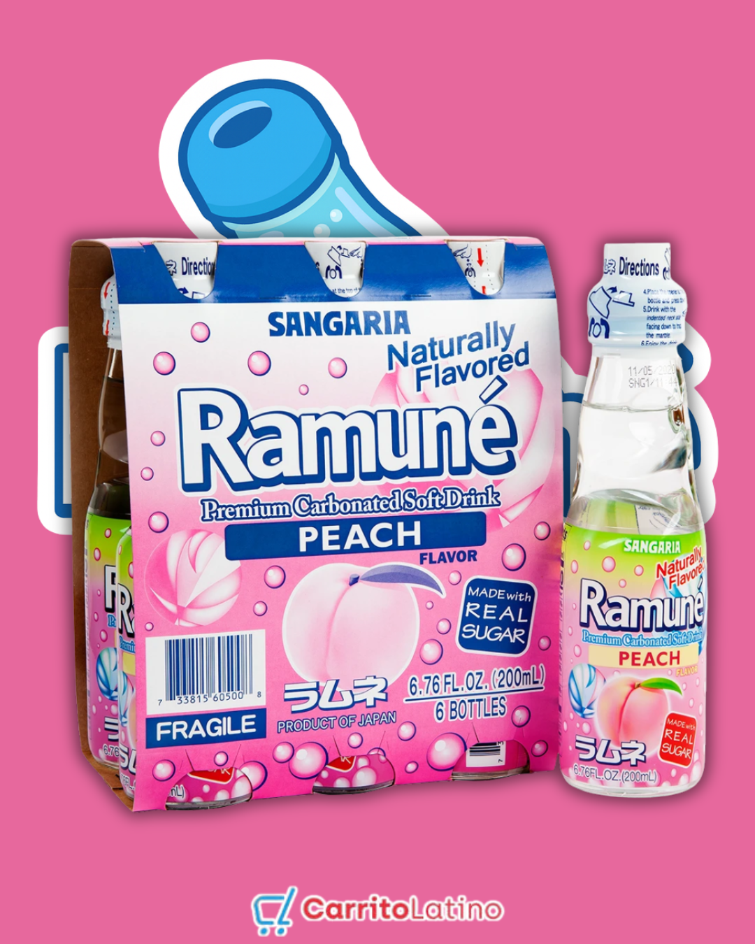 Ramune Peach Japanese Soda 6 Pack (200 ml each)