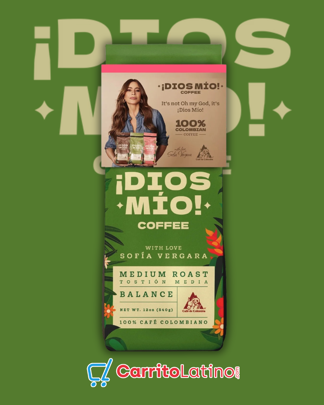 Dios Mío Coffee Medium Roast Colombian Ground Coffee 12 oz